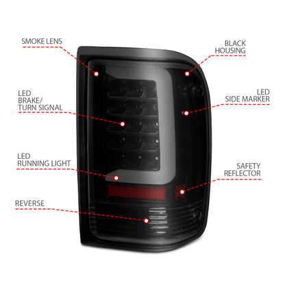 ANZO 1993-1997 Ford Ranger Luces traseras LED con barra de luz Carcasa negra Lente transparente