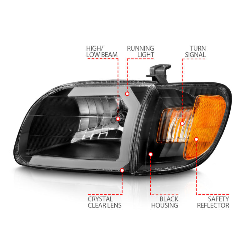 ANZO 00-04 Toyota Tundra (compatível apenas com cabine Reg/Acc) Faróis de cristal com barra de luz preta com luz de canto