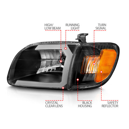 ANZO 00-04 Toyota Tundra (compatível apenas com cabine Reg/Acc) Faróis de cristal com barra de luz preta com luz de canto