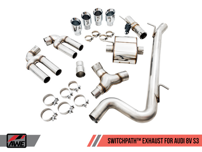 Escape AWE Tuning Audi 8V S3 SwitchPath com ponteiras cromadas 102 mm