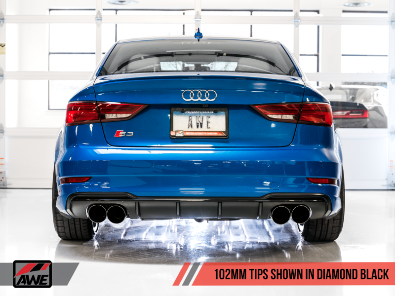 AWE Tuning Audi 8V S3 SwitchPath Escape con puntas de diamante negro 102 mm