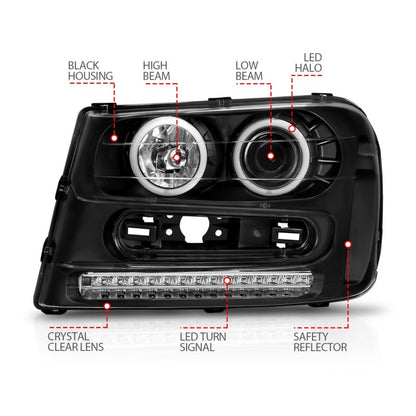 ANZO 2002-2009 Chevrolet Trailblazer Faróis projetores com halo preto
