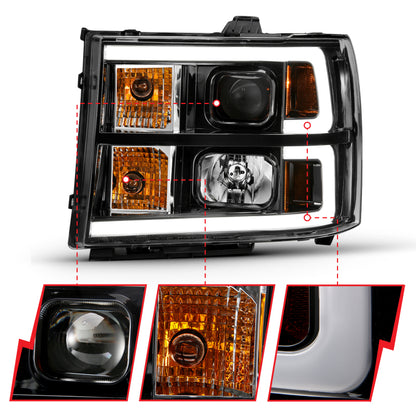 Projetor ANZO 2007-2013 Gmc Sierra 1500 Farol Estilo Plank Preto com Lente Transparente Âmbar