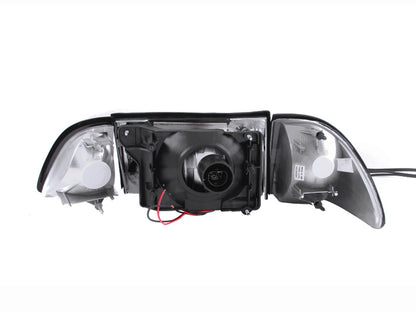 ANZO 1987-1993 Ford Mustang Cristal Faróis pretos com luzes de canto 3 peças