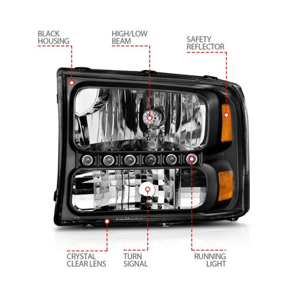 ANZO 2000-2004 Ford Excursion Faróis de cristal preto com LED 1pc