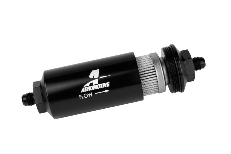 Filtro en línea Aeromotive - (AN-6 macho) Elemento de malla de acero inoxidable de 40 micras Acabado en negro brillante