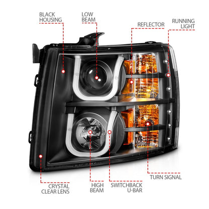 ANZO 2007-2013 Chevrolet Silverado 1500/2500 Faróis projetores c/ U-Bar Switchback preto c/ âmbar