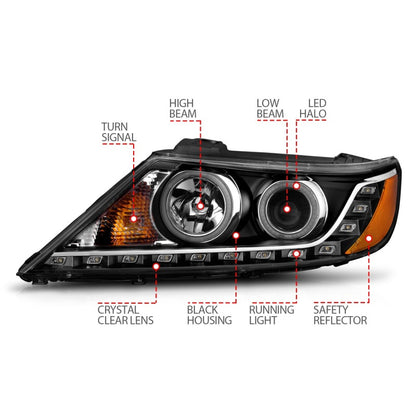ANZO 2011-2013 Kia Sorento Projetor Faróis c/ Halo Black (CCFL)