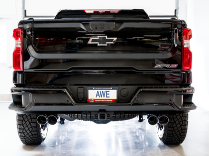 AWE Tuning 22-23 GMC Sierra 1500 AT4X 6.2L 0FG Catback Split Dual (Pára-choque plano) - Pontas cromadas prateadas