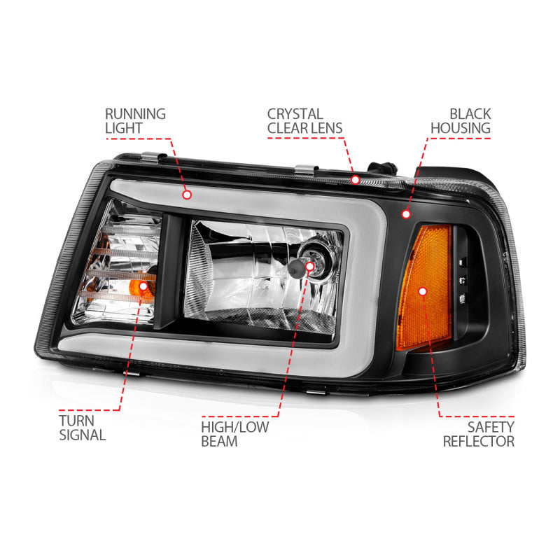 Faróis de cristal Ford Ranger ANZO 2001-2011 com caixa de barra de luz preta