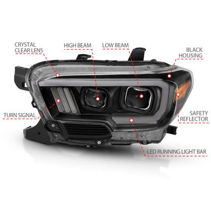 ANZO 2016-2017 Toyota Tacoma Projetor Faróis c/ Plank Style Design Preto/Âmbar c/ DRL