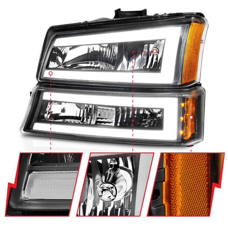 ANZO 2003-2006 Chevrolet Silverado 1500 Faros delanteros de cristal con barra de luz carcasa negra