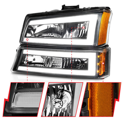 ANZO 2003-2006 Chevrolet Silverado 1500 Faros delanteros de cristal con barra de luz carcasa negra