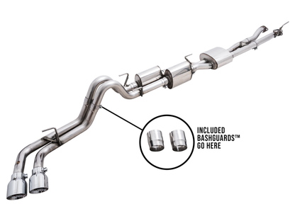 AWE 16-22 Toyota Tacoma 0FG Catback Escape con BashGuard - Puntas plateadas cromadas dobles