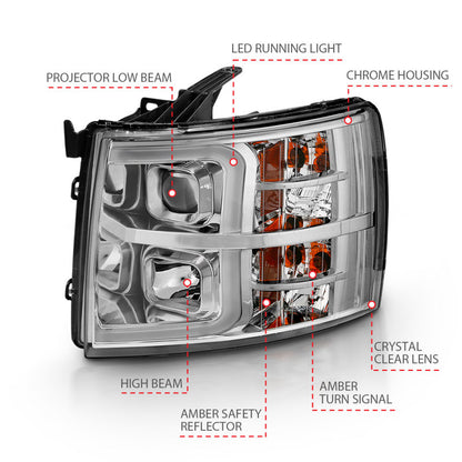 Projetor ANZO 2007-2013 Chevy Silverado 1500 estilo prancha cromado âmbar