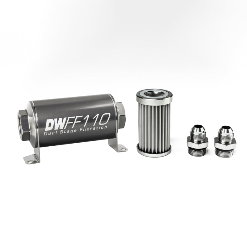 DeatschWerks Kit de carcasa de filtro de combustible en línea universal de acero inoxidable 8AN 5 micrones (110 mm)