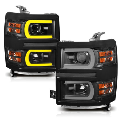 ANZO 14-15 Chevrolet Silverado 1500 Faros delanteros proyectores con estilo tablón Switchback negro con ámbar
