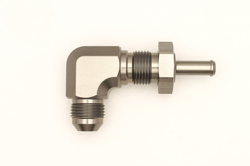 DeatschWerks 8AN Male Flare To 5/16in. Adaptador macho de anteparo rebarbado de 90 graus (incl. porca)