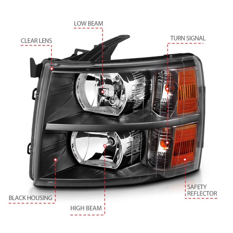 ANZO 2007-2013 Chevrolet Silverado Faróis de cristal preto