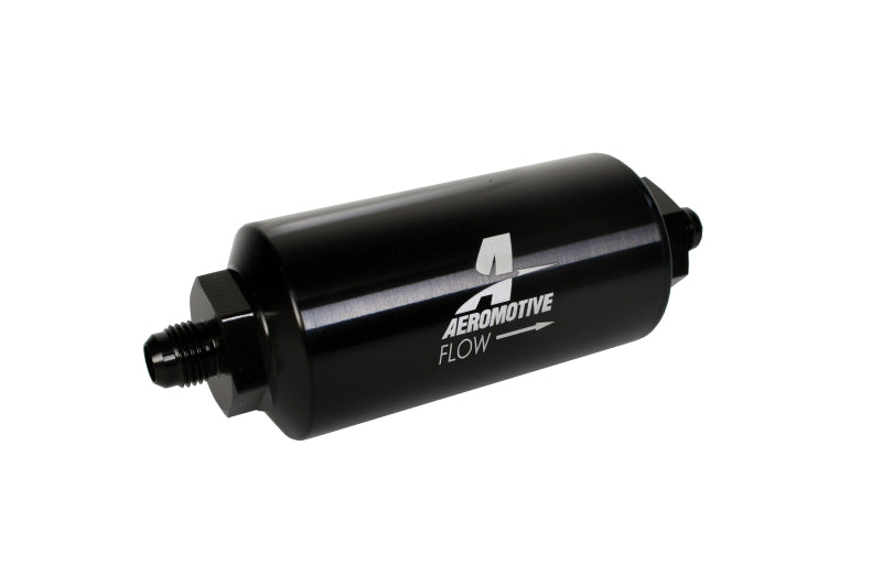 Filtro en línea Aeromotive - (AN-6 macho) Elemento de microvidrio de 10 micras Acabado negro de inmersión brillante
