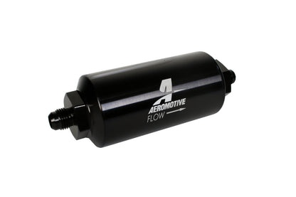 Filtro en línea Aeromotive - (AN-6 macho) Elemento de microvidrio de 10 micras Acabado negro de inmersión brillante