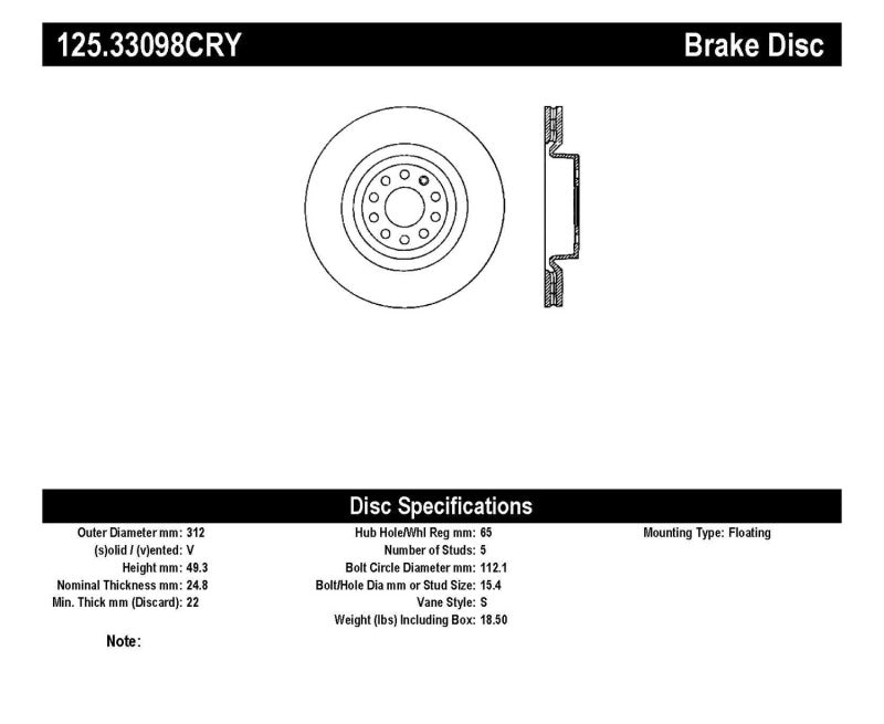 Stoptech 06-10 Audi A3 / 08-10 TT / 99-10 TT Quattro / 09 VW CC Delantero High Carbon CRYO-STOP Roto