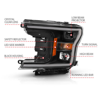ANZO 2018-2019 Ford F-150 Projector Plank Style HL Black Amber (Sem Switchback)