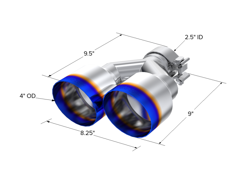 Punta de extremo quemado MBRP 2.5 ID Dual 4 OD Out 9.55 longitud Pared simple Acero inoxidable 304 Lado de paso