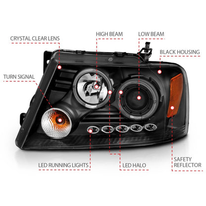 ANZO 2004-2008 Ford F-150 Projetor Faróis c/ Halo e LED Preto G2
