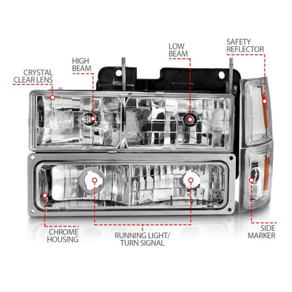 ANZO 88-98 Chevrolet C1500 Faróis de cristal cromados com sinalizadores e luzes laterais