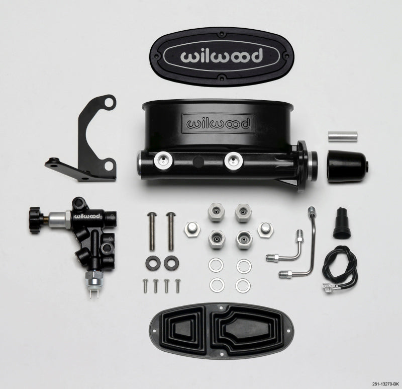 Kit Wilwood HV Tandem M/C com suporte L/H e válvula de propulsão - 1 furo de 1/8 pol. preto