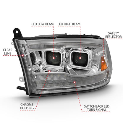 ANZO 2009-2018 Projetor Dodge Ram 1500 Led Plank Style Switchback HL Halo Chrome Amber (estilo OE)