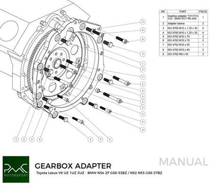 PMC Motorsport - Placa adaptadora de caja de cambios Toyota UZ - BMW DCT DKG GS7D36SG N54 GS6-53BZ (F0N54-UZ)