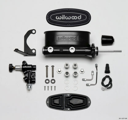 Kit Wilwood HV Tandem M/C com suporte L/H e válvula de suporte - furo de 7/8 pol. Preto-W/Pushrod