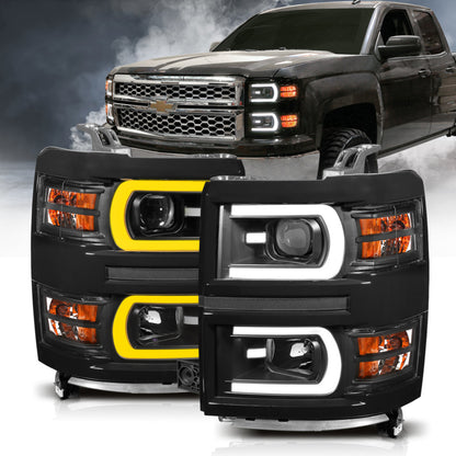 ANZO 14-15 Chevrolet Silverado 1500 Faros delanteros proyectores con estilo tablón Switchback negro con ámbar
