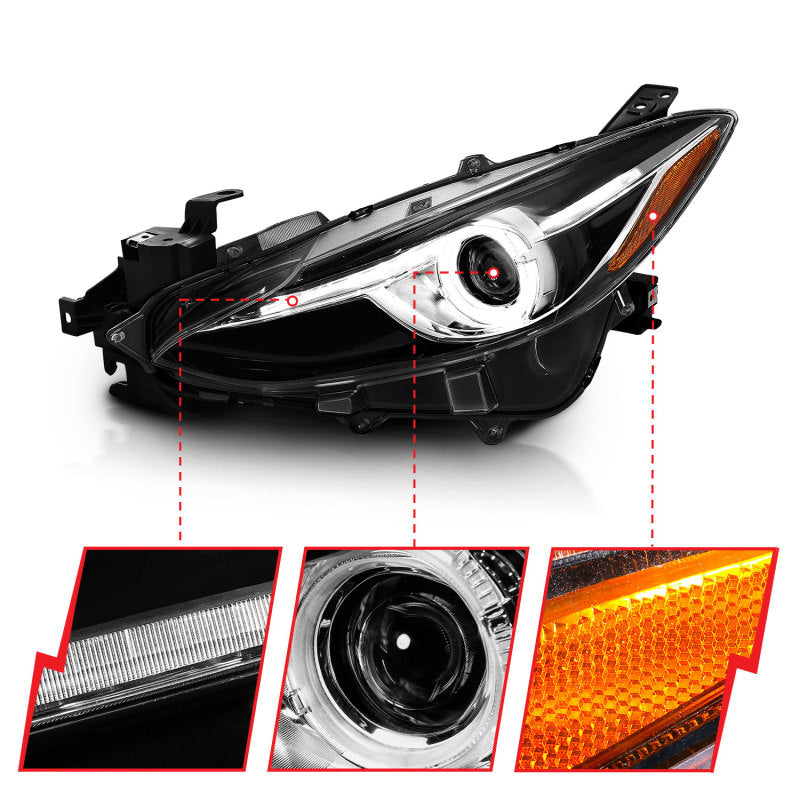 Faros delanteros proyectores ANZO con halo negro con ámbar 14-17 Mazda 3
