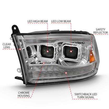 ANZO 2009-2018 Projetor Dodge Ram 1500 Led Plank Style Switchback HL Halo Chrome Amber (estilo OE)