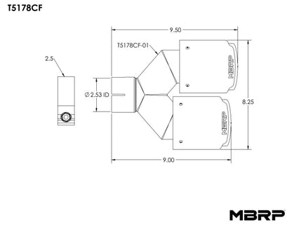 MBRP Universal Fibra de Carbono Ponta Dupla 4 pol OD/2,5 pol Entrada