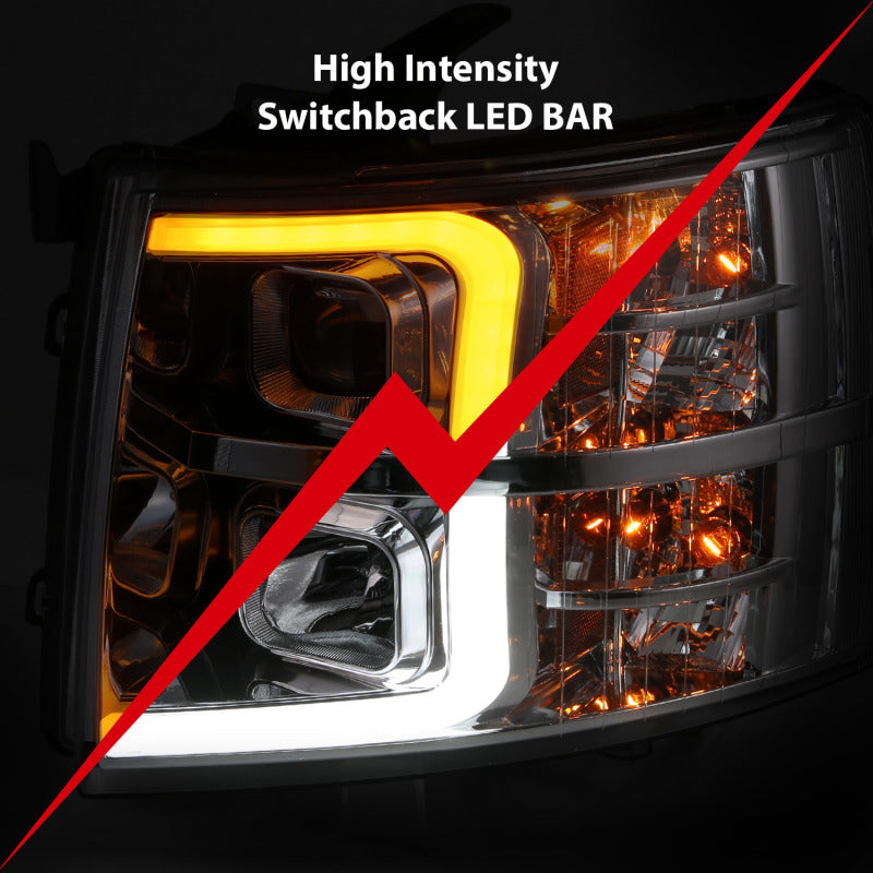 ANZO 07-13 Chevrolet Silverado 1500/2500/3500 Proj Headlights w/ Plank Style Switchback Chrome w/Amb