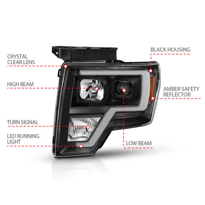ANZO 2009-2014 Ford F-150 projetor barra de luz HL preto âmbar