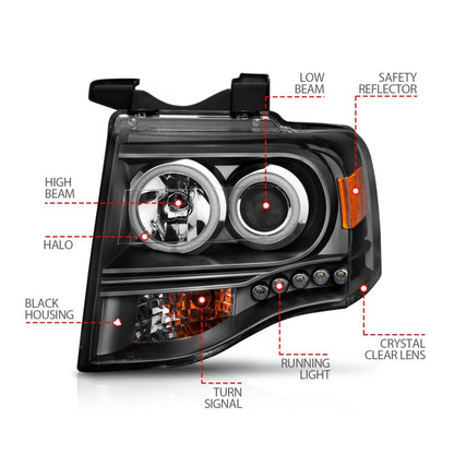 ANZO 2007-2014 Ford Expedition Projetor Faróis com Halo Preto