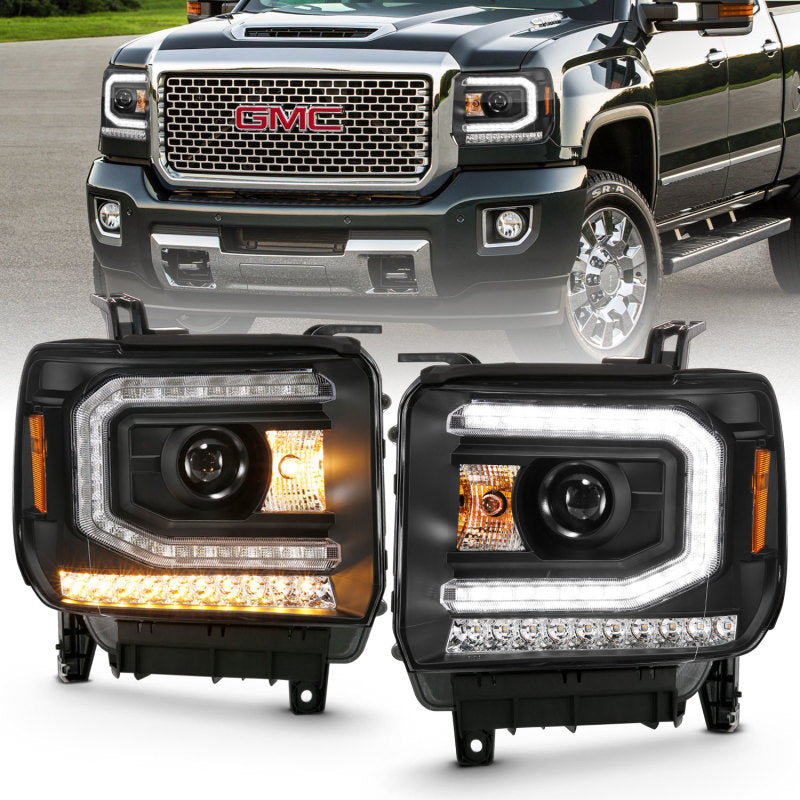 Projetor ANZO 2016-2019 Gmc Sierra 1500 Farol estilo prancha preto com sinal âmbar sequencial