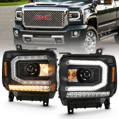 Projetor ANZO 2016-2019 Gmc Sierra 1500 Farol estilo prancha preto com sinal âmbar sequencial
