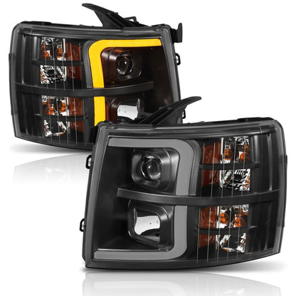 ANZO 07-13 Chevrolet Silverado 1500 Faros delanteros estilo tablón proyector negro con ámbar