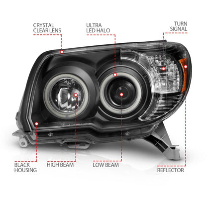ANZO 2006-2009 Toyota 4Runner Projetor Faróis com Halo Preto