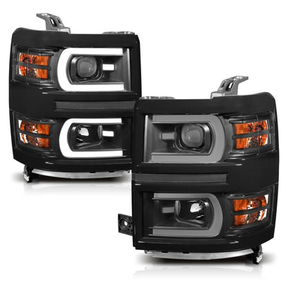 ANZO 14-15 Chevrolet Silverado 1500 Faros delanteros proyectores con estilo tablón Switchback negro con ámbar