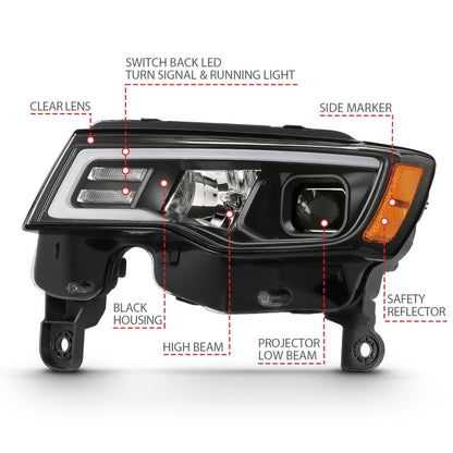 ANZO 2017-2018 Jeep Grand Cherokee Projetor Faróis c/ Plank Style Switchback - Preto c/ Âmbar