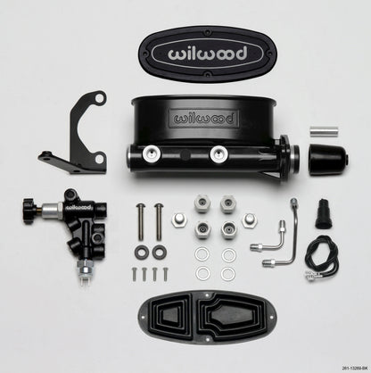 Kit Wilwood HV Tandem M/C com suporte L/H e válvula de propulsão - furo de 1 polegada preto