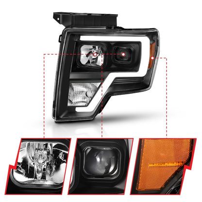 ANZO 2009-2014 Ford F-150 projetor barra de luz HL preto âmbar