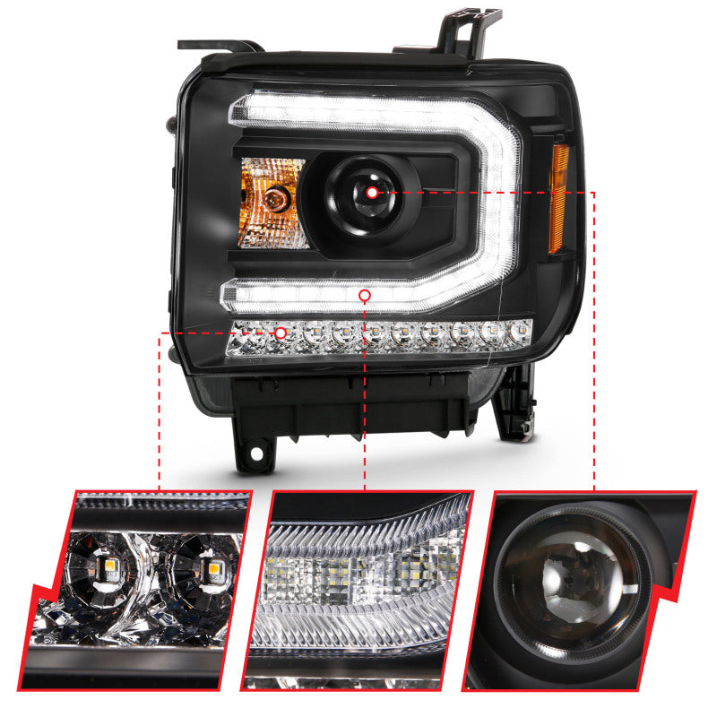 Projetor ANZO 2016-2019 Gmc Sierra 1500 Farol estilo prancha preto com sinal âmbar sequencial